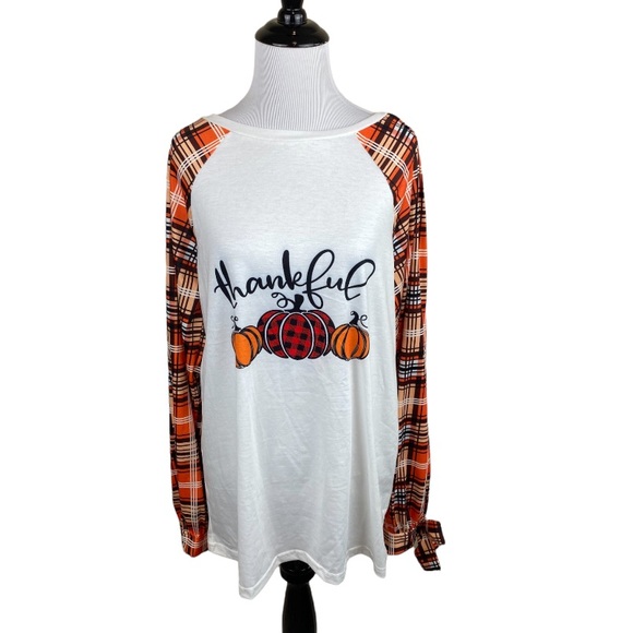 Tops - Boutique Fall Style Pumpkin Spice Plaid Pumpkin Patch Thankful Graphic Tee L